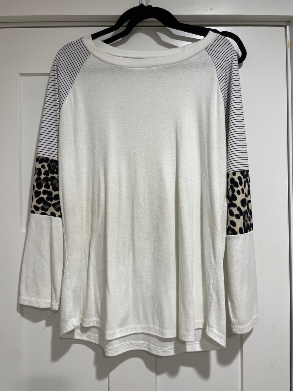 Women’s White Long Sleeve Raglan Top with Stripe & Leopard Panels